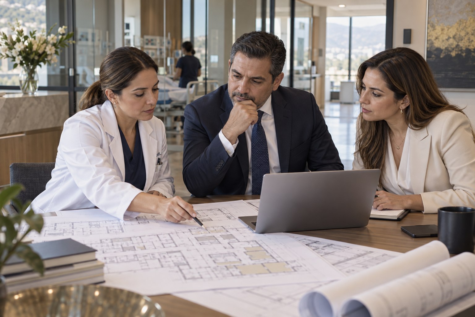 Líderes hospitalarios evaluando un proyecto de salud