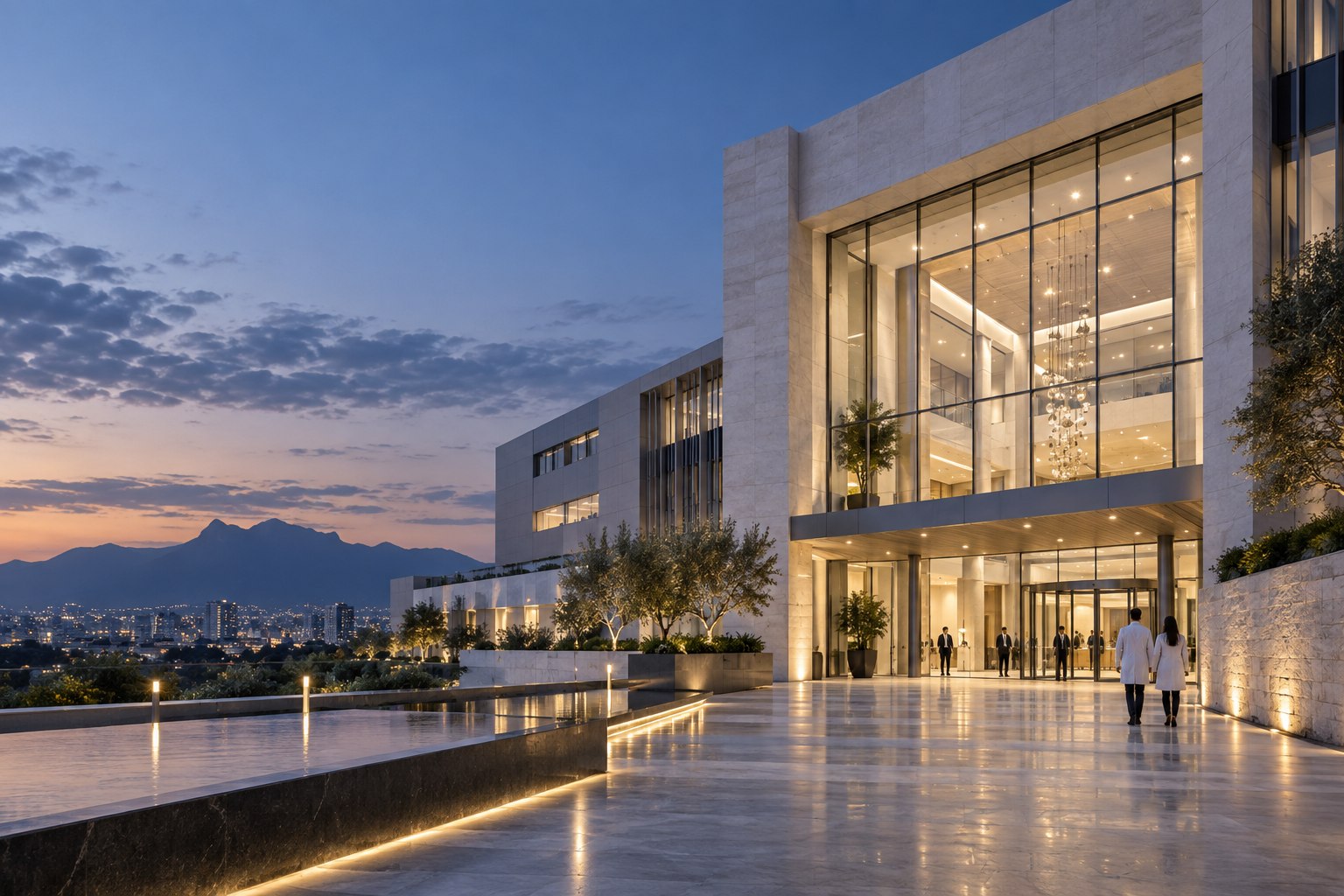 Hospital contemporáneo al anochecer